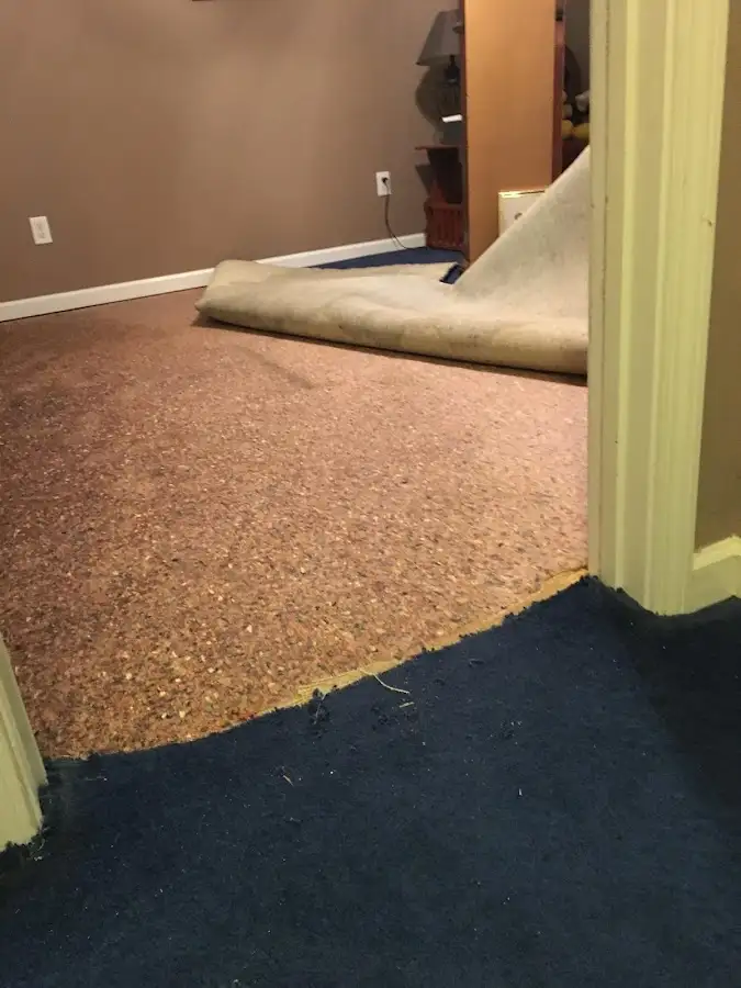 Carpet pad removal revealing water damage during Water Mitigation Services in Rolesville